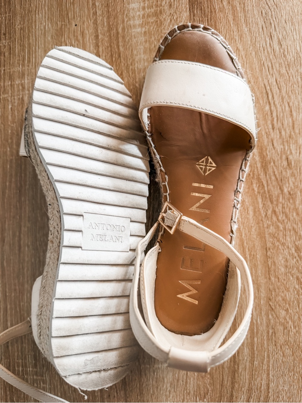 ANTONIO MELANI Cream and Tan Espadrille Wedge Sandals